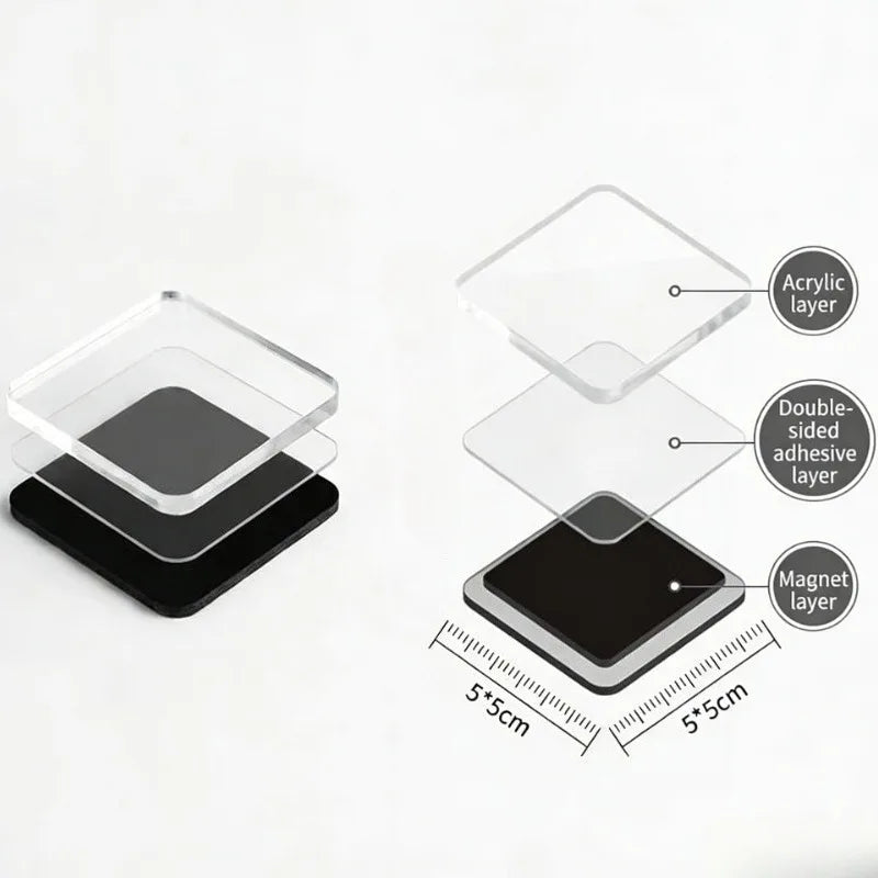 A DIY kit showing stacked clear and black acrylic layers with double-sided adhesive and magnet features.