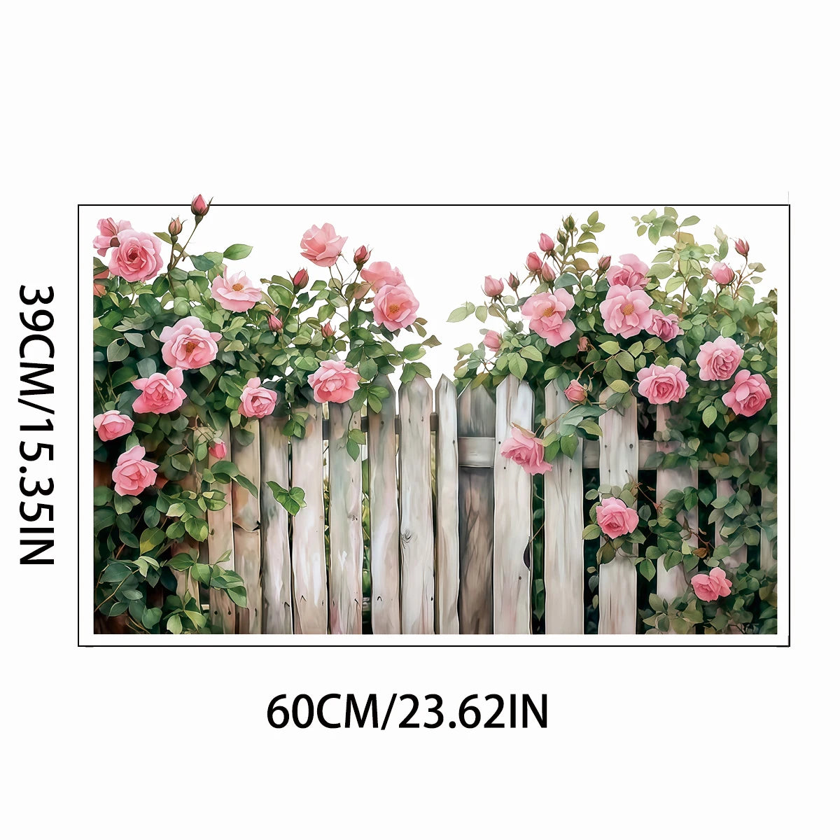 A wooden fence wall decal featuring pink roses and green foliage.