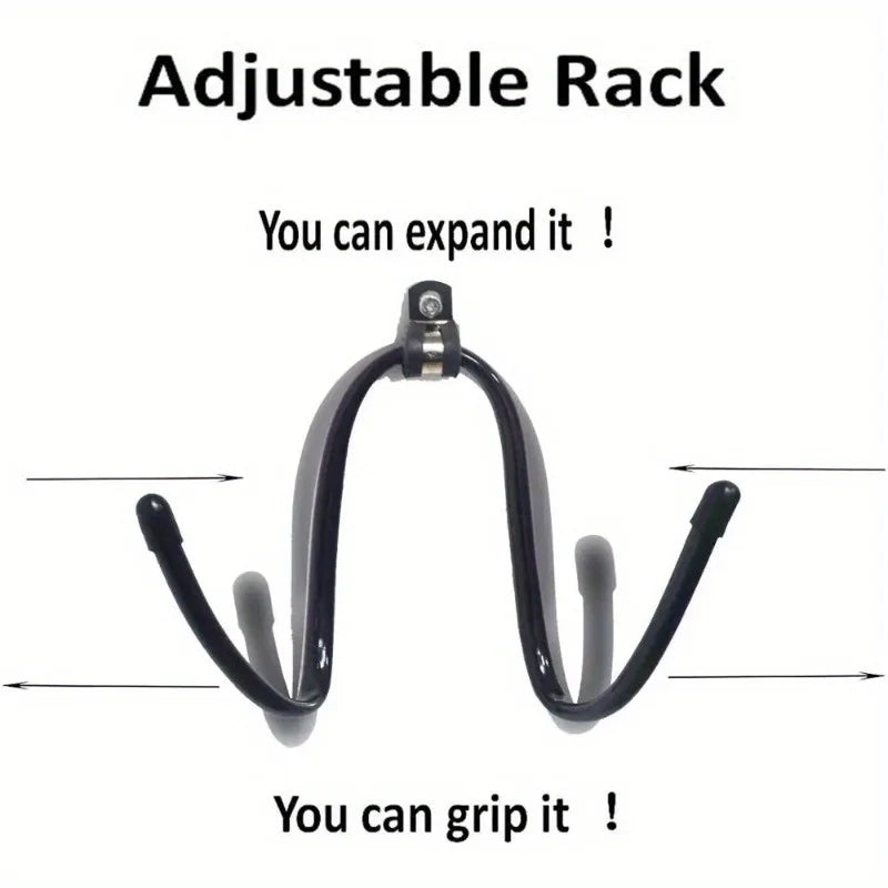 A black adjustable rack for organizing cowboy hats, showing its flexible design.