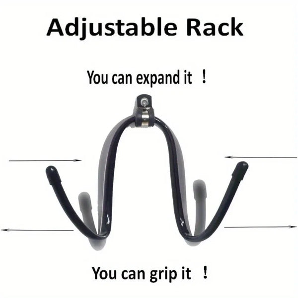 A black adjustable rack for organizing cowboy hats, showing its flexible design.