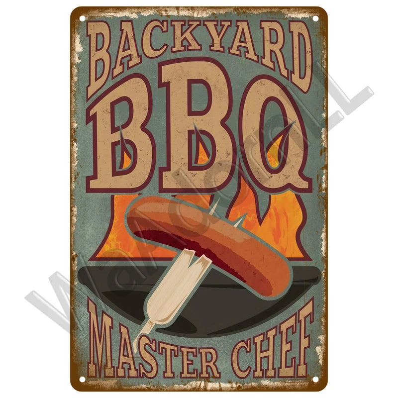 A vintage metal tin sign with distressed paint featuring the text BACKYARD BBQ MASTER CHEF and an illustration of a sizzling 