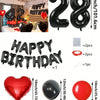 A set of red and black foil number balloons, heart balloons, and letter balloons for birthday decorations.