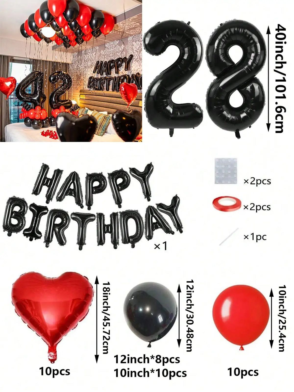 A set of red and black foil number balloons, heart balloons, and letter balloons for birthday decorations.