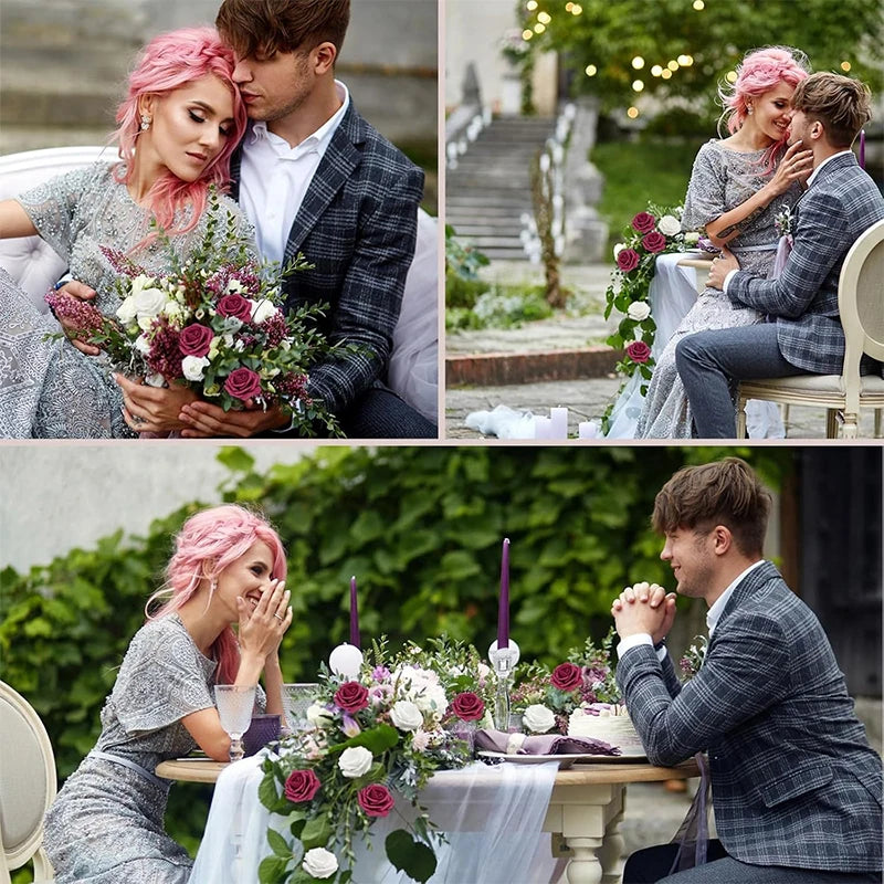 A collage of photos showing a couple posing with foam rose flowers and bouquets for wedding decor.