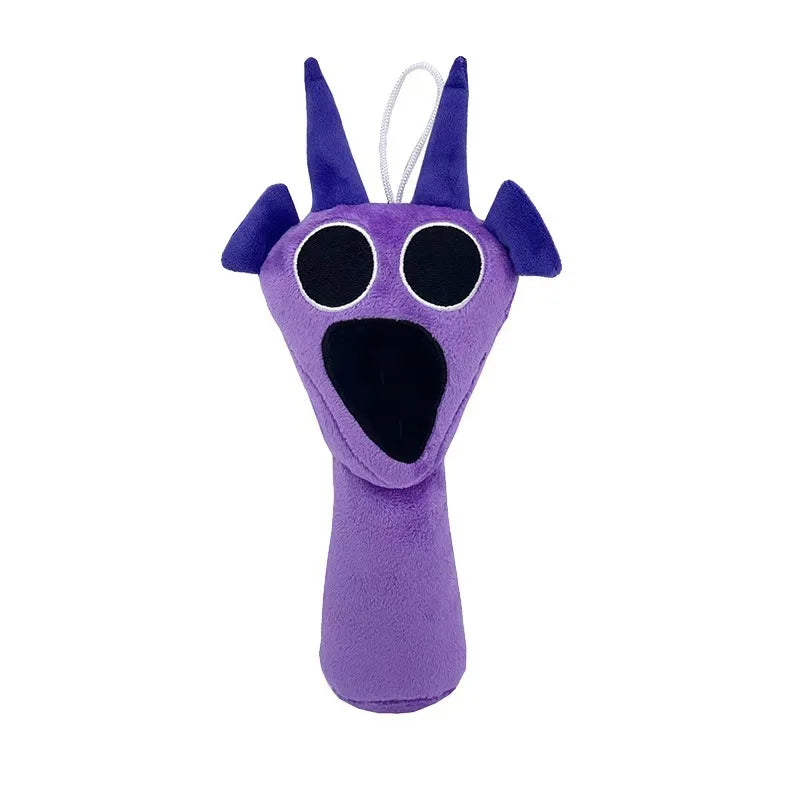 A purple collectible plush toy set shaped like a stylized monster with large eyes and a mouth.