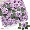 A dense arrangement of artificial purple roses with green leaves for DIY bouquets and home decor