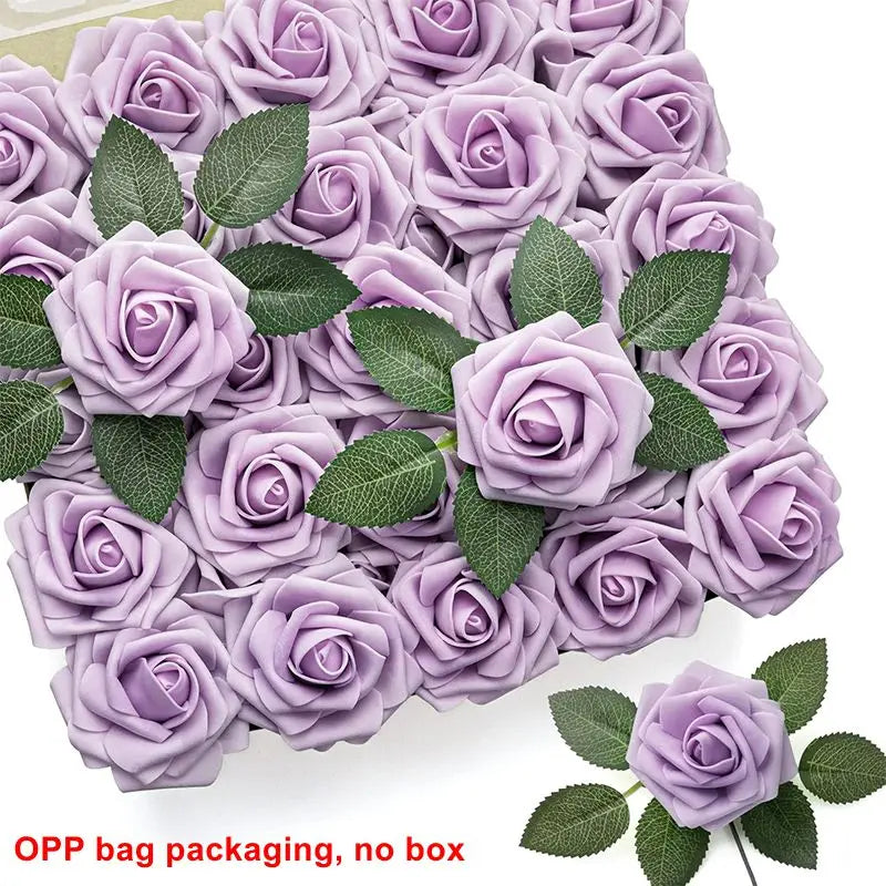 A dense arrangement of artificial purple roses with green leaves for DIY bouquets and home decor