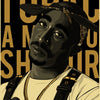 A portrait of Tupac Shakur wearing a hat and gold chain, printed on kraft paper.