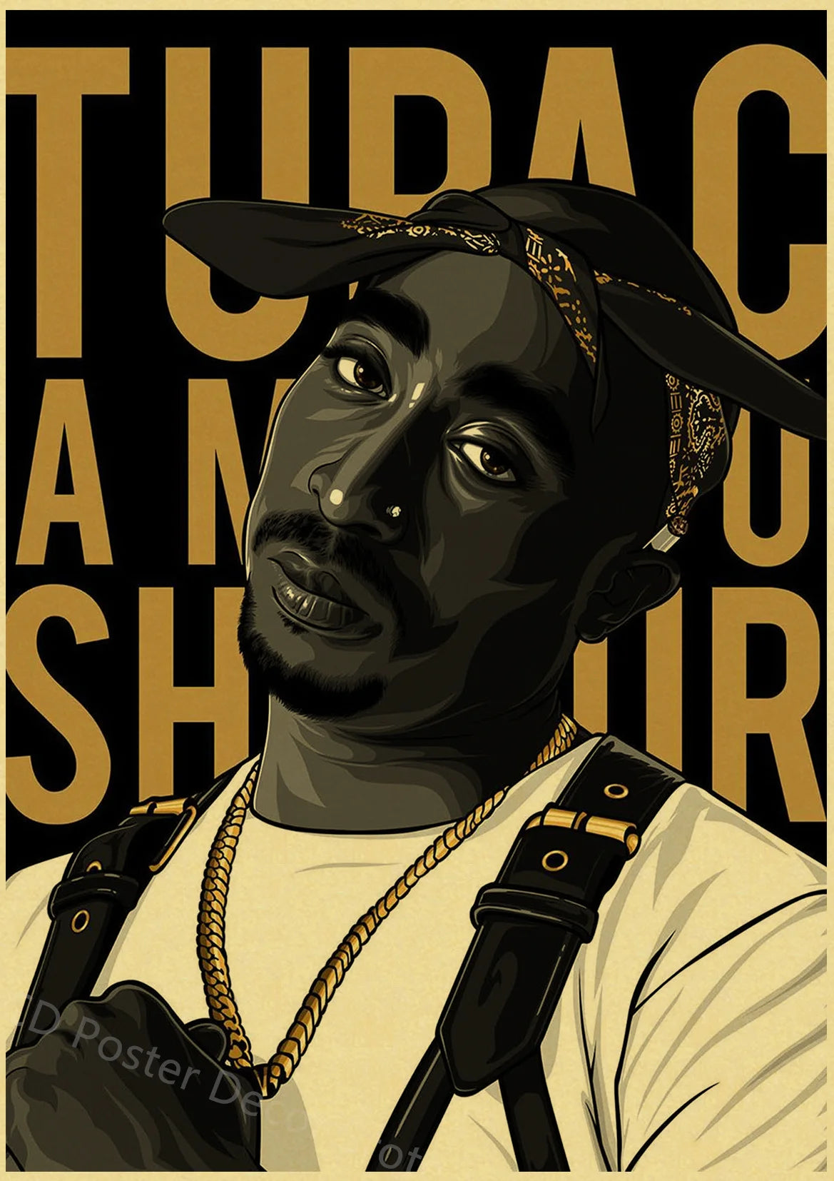 A portrait of Tupac Shakur wearing a hat and gold chain, printed on kraft paper.