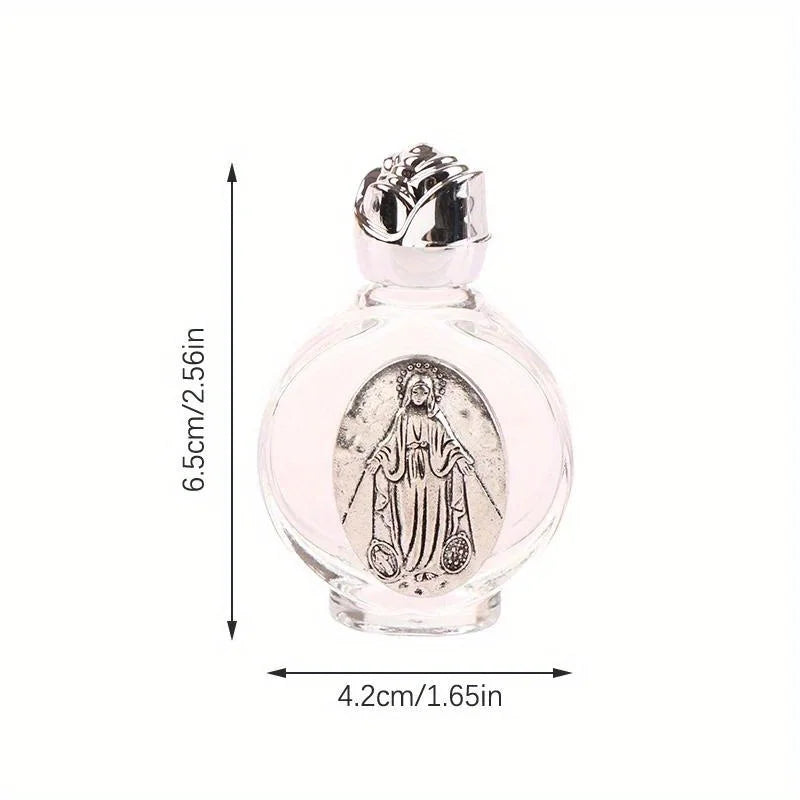A clear glass bottle containing a religious sculpture of Jesus in an oval frame with a silver cap.