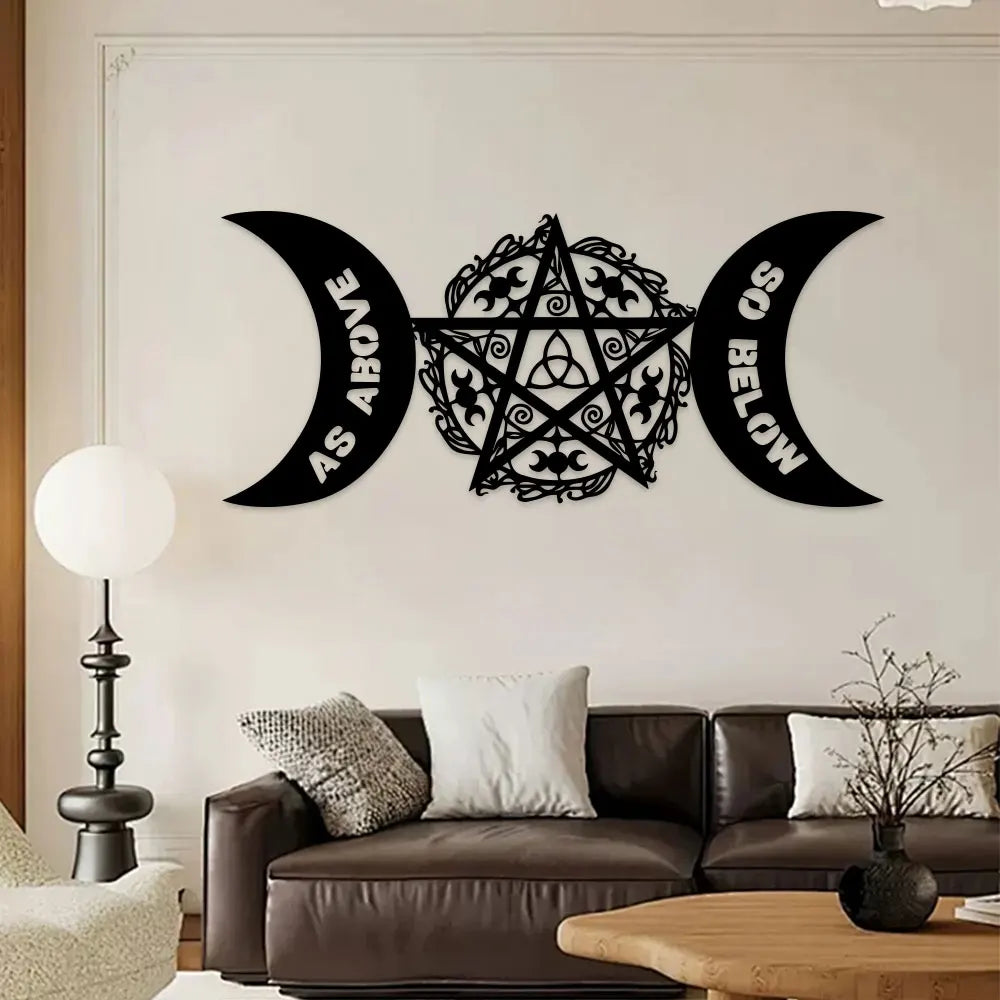 Black metal wall art featuring a pentagram design with crescent moon shapes labeled as above and below