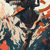 A stylized, menacing chainsaw head design in orange and black tones against a distressed background.