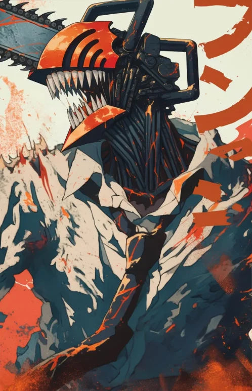 A stylized, menacing chainsaw head design in orange and black tones against a distressed background.