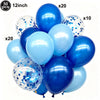 A collection of blue and white foil balloons, including 50 pieces of 12 inch balloons and 20 blue balloons.