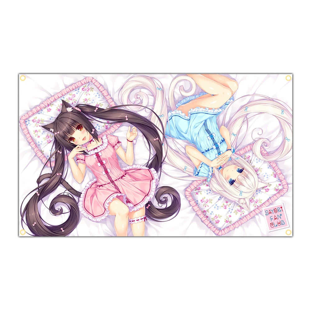 Kawaii anime tapestry wall hanging featuring a girl in pink and blue attire with swirling floral patterns