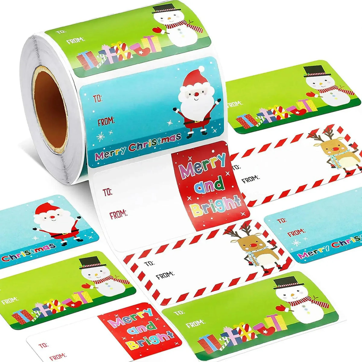 Roll of Merry Christmas decorative stickers for gift wrapping and tags in various colors