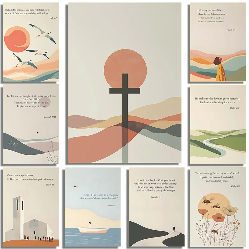 A collection of nine canvas wall art pieces featuring Christian Bible verses and religious imagery.