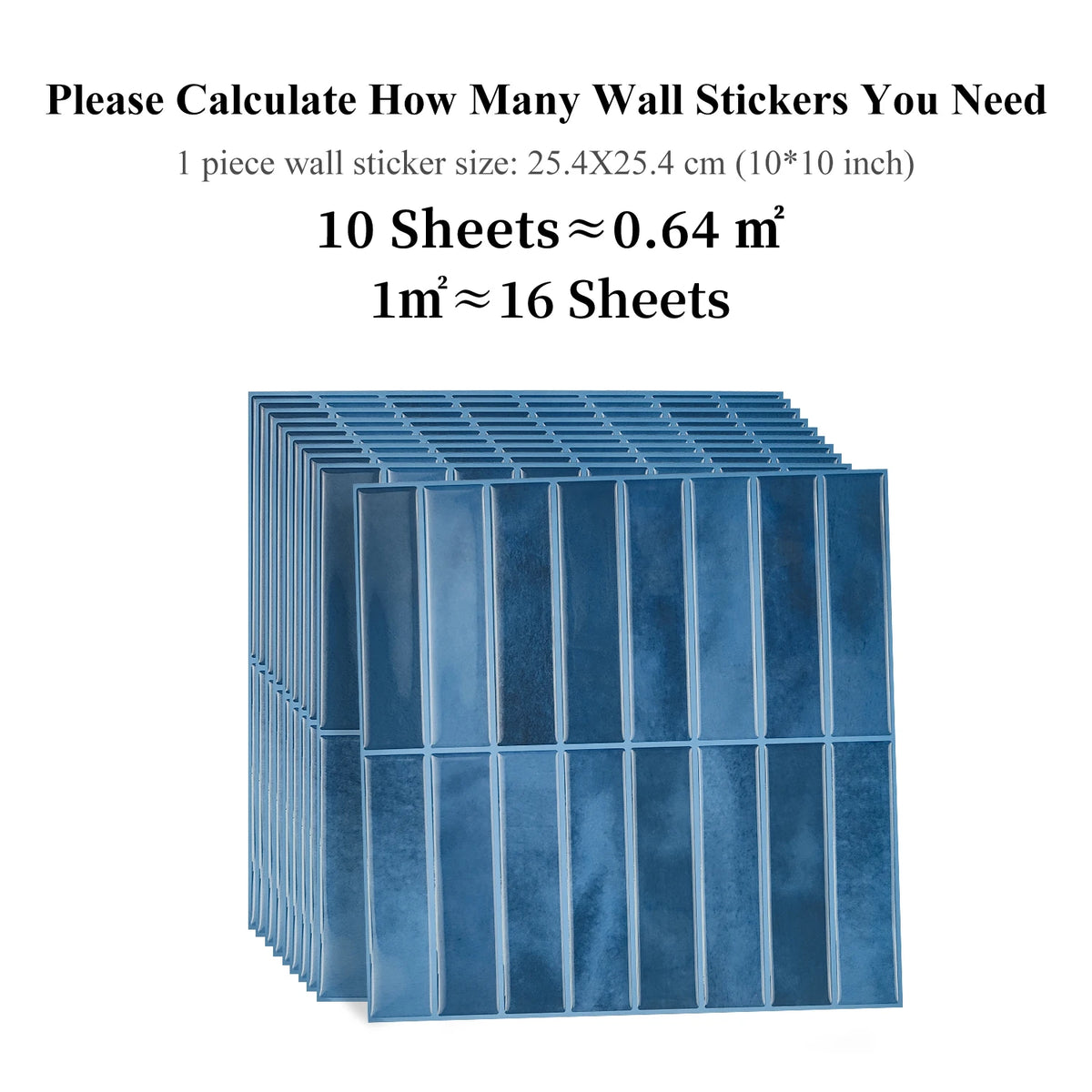 A stack of blue peel-and-stick waterproof wall tiles for kitchen and bathroom backsplashes.