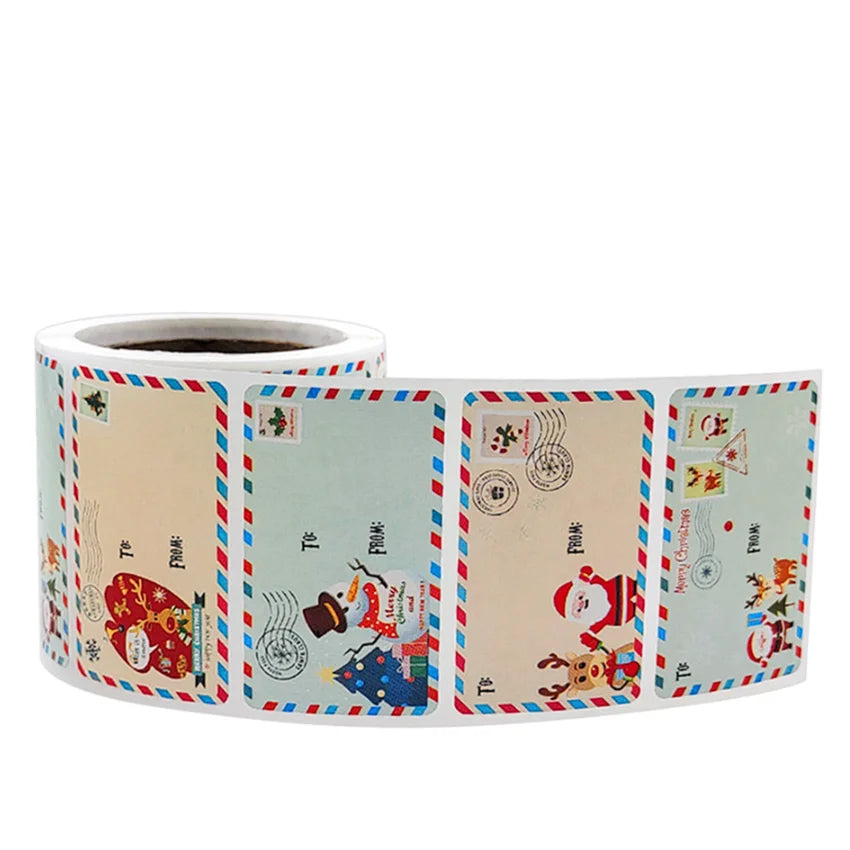 A roll of Christmas gift tags stickers featuring festive designs and patterns.