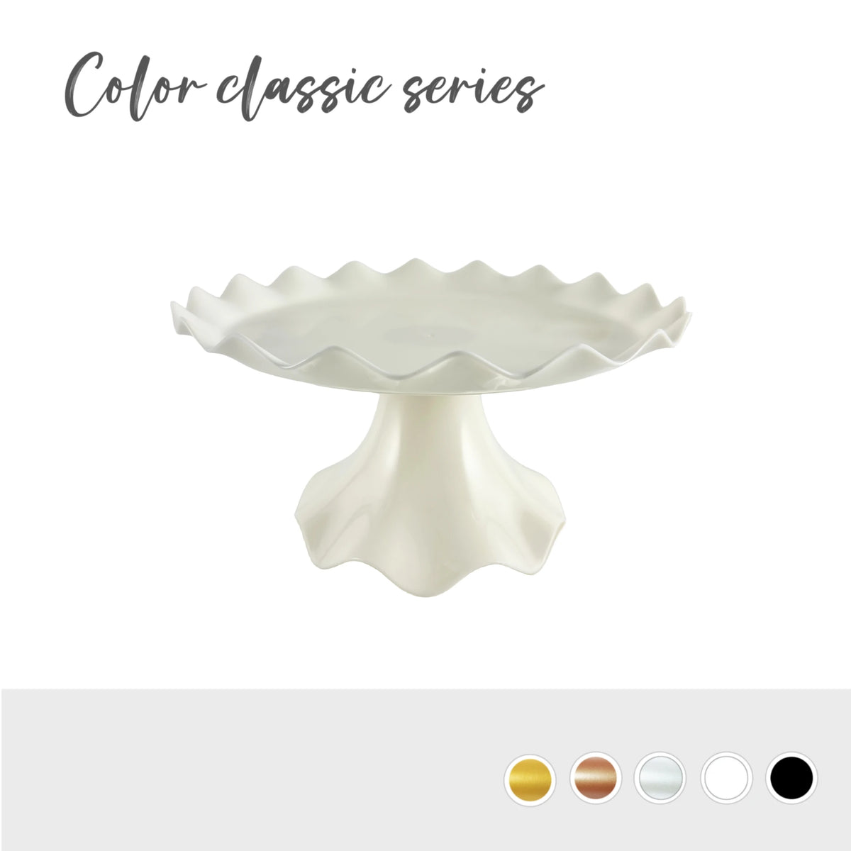 White plastic cake stand with a scalloped edge shown against a white background.
