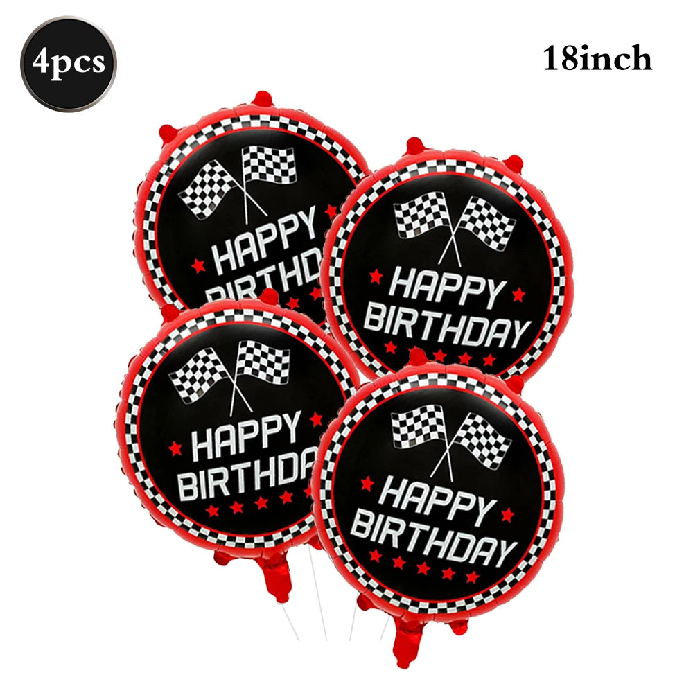 A set of four black balloons shaped like race car traffic lights with checkered flags and red trim.