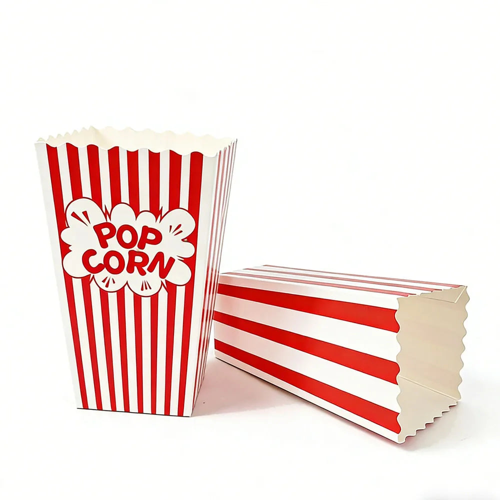 A vertical cardboard box for popcorn featuring red and white vertical stripes.