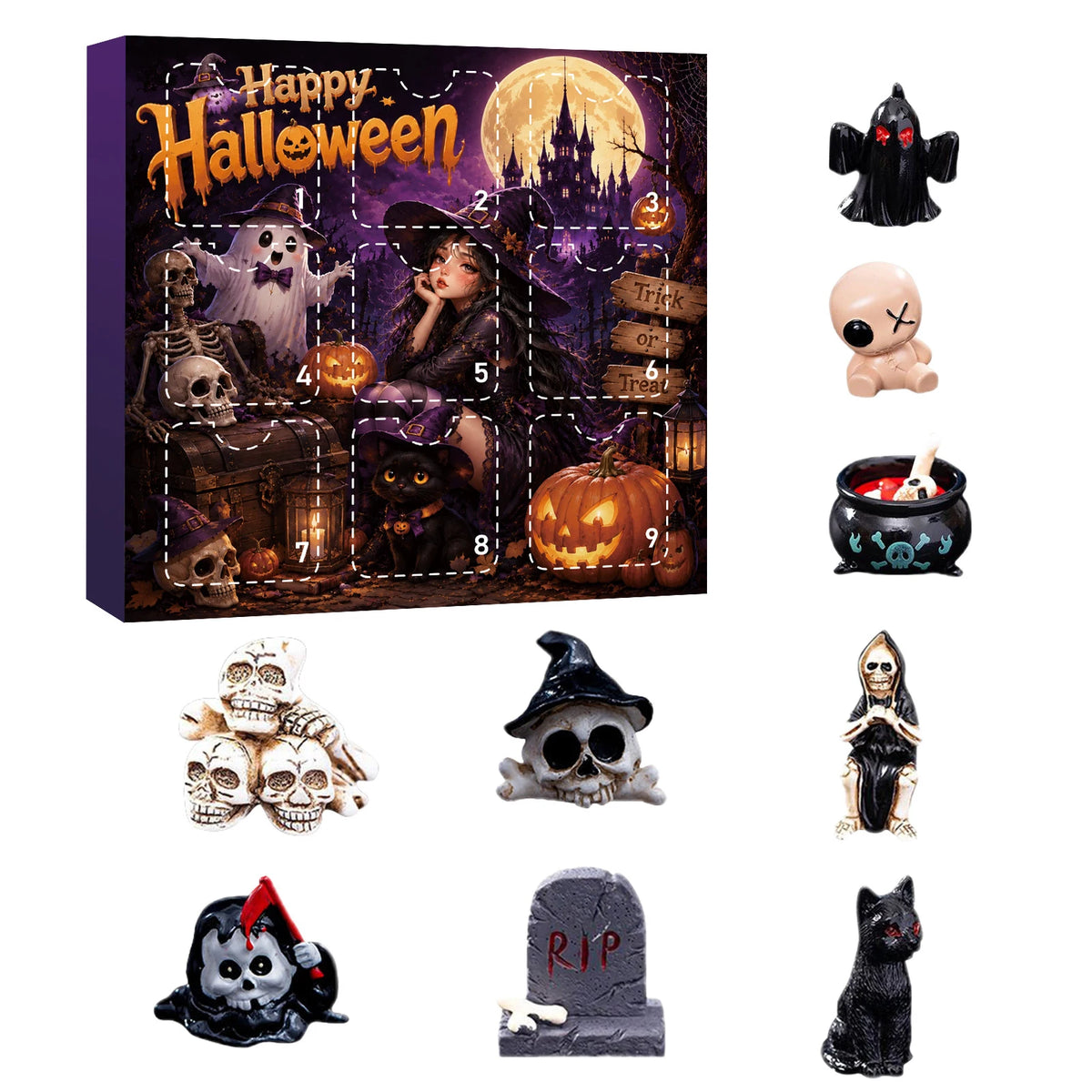 A Halloween themed advent calendar featuring various spooky resin figurines including skulls, bats, and ghosts.