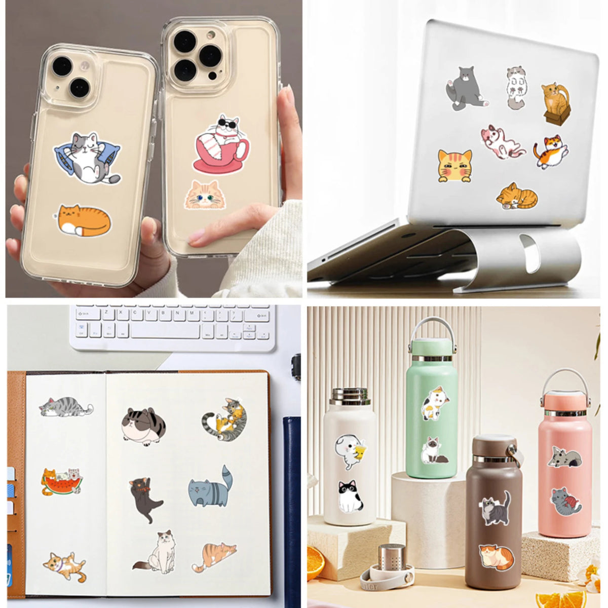 A set of cute cartoon cat stickers for DIY decor shown on a phone case, laptop, and various items.