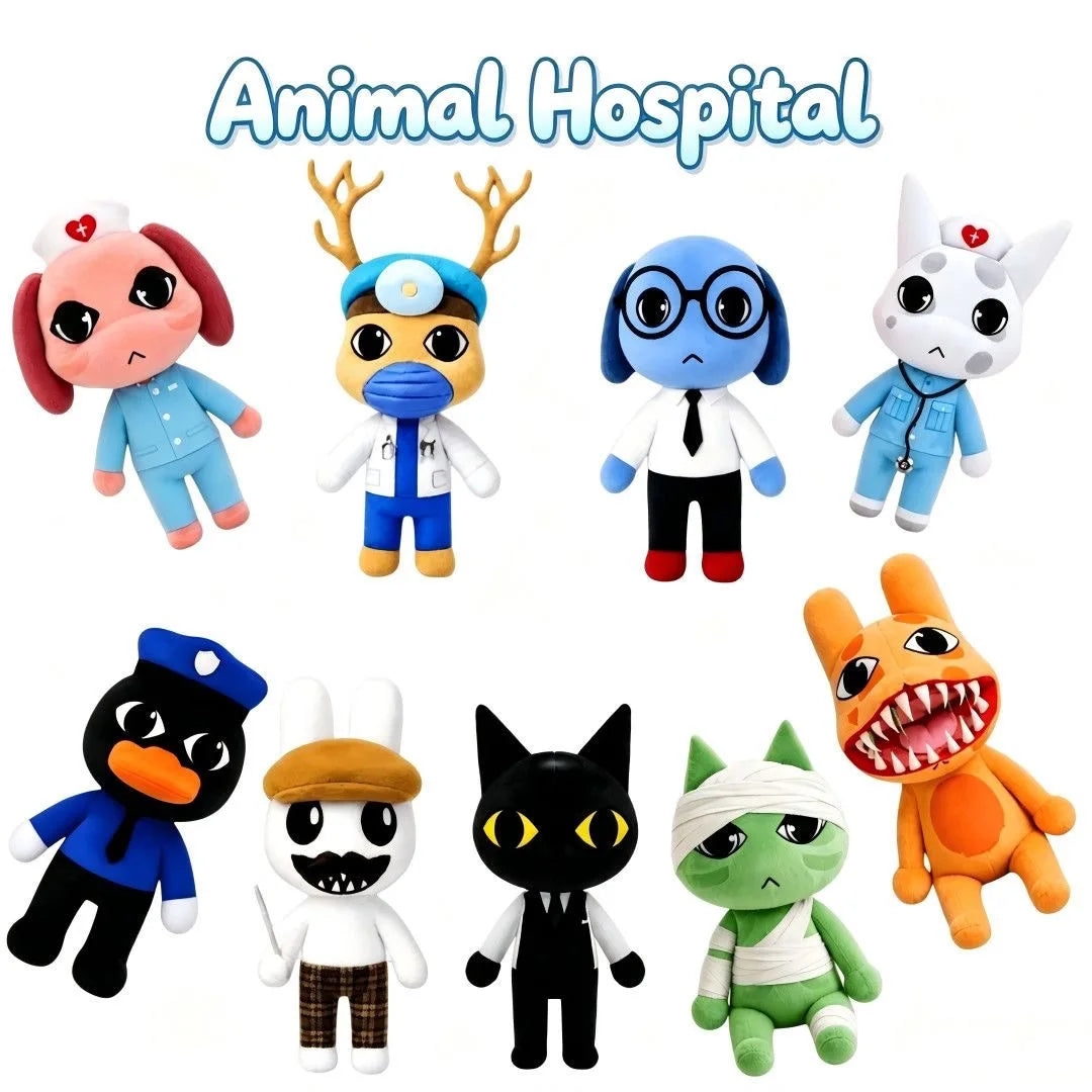 A collection of various animal hospital themed plush toys including a pink dog, deer, blue cat, and several other stylized an