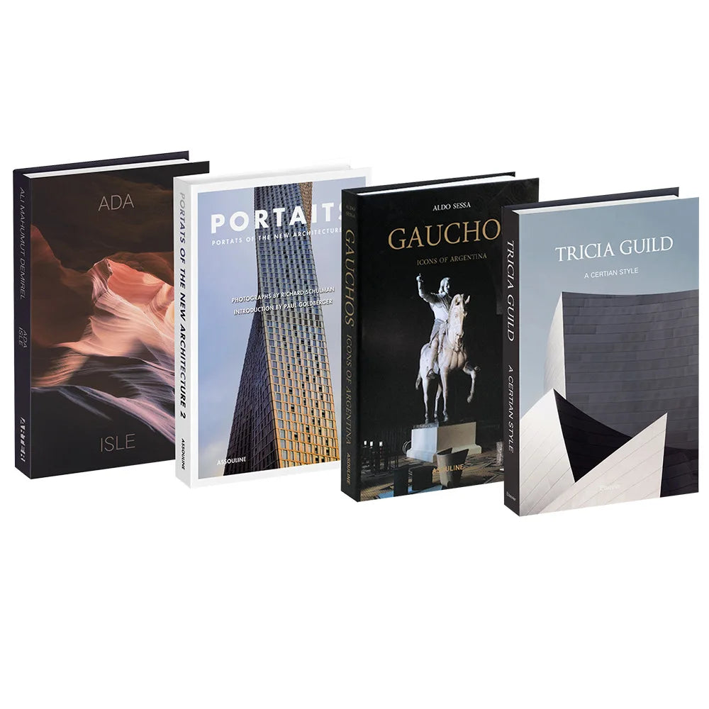 A set of five decorative faux books featuring architectural and artistic themes in black and white tones.
