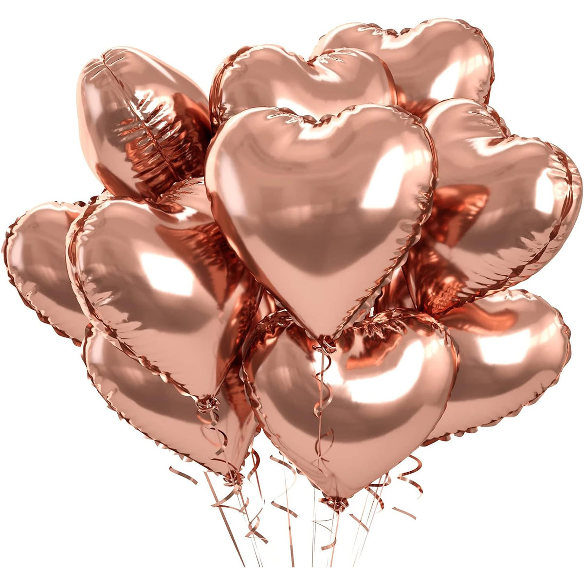 A cluster of rose gold heart-shaped foil balloons tied together for a celebration.