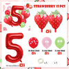 A set of 13 strawberry foil balloons, including five large red balloons and eight smaller green and red balloons.