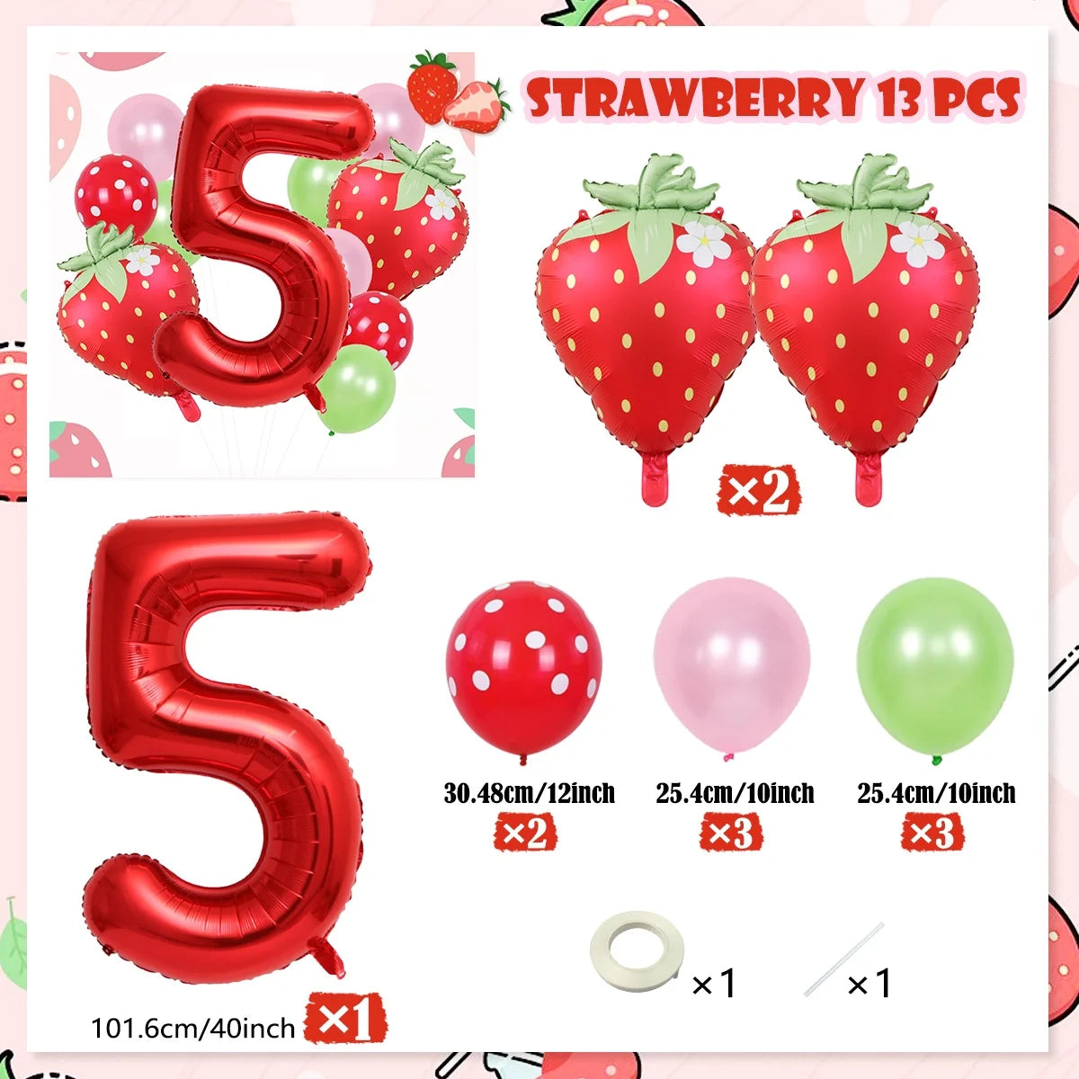 A set of 13 strawberry foil balloons, including five large red balloons and eight smaller green and red balloons.