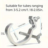 Silver aluminum C-clamp hooks designed for securing tubes ranging from 3-5.2 cm or 1.18-2.05 inches.