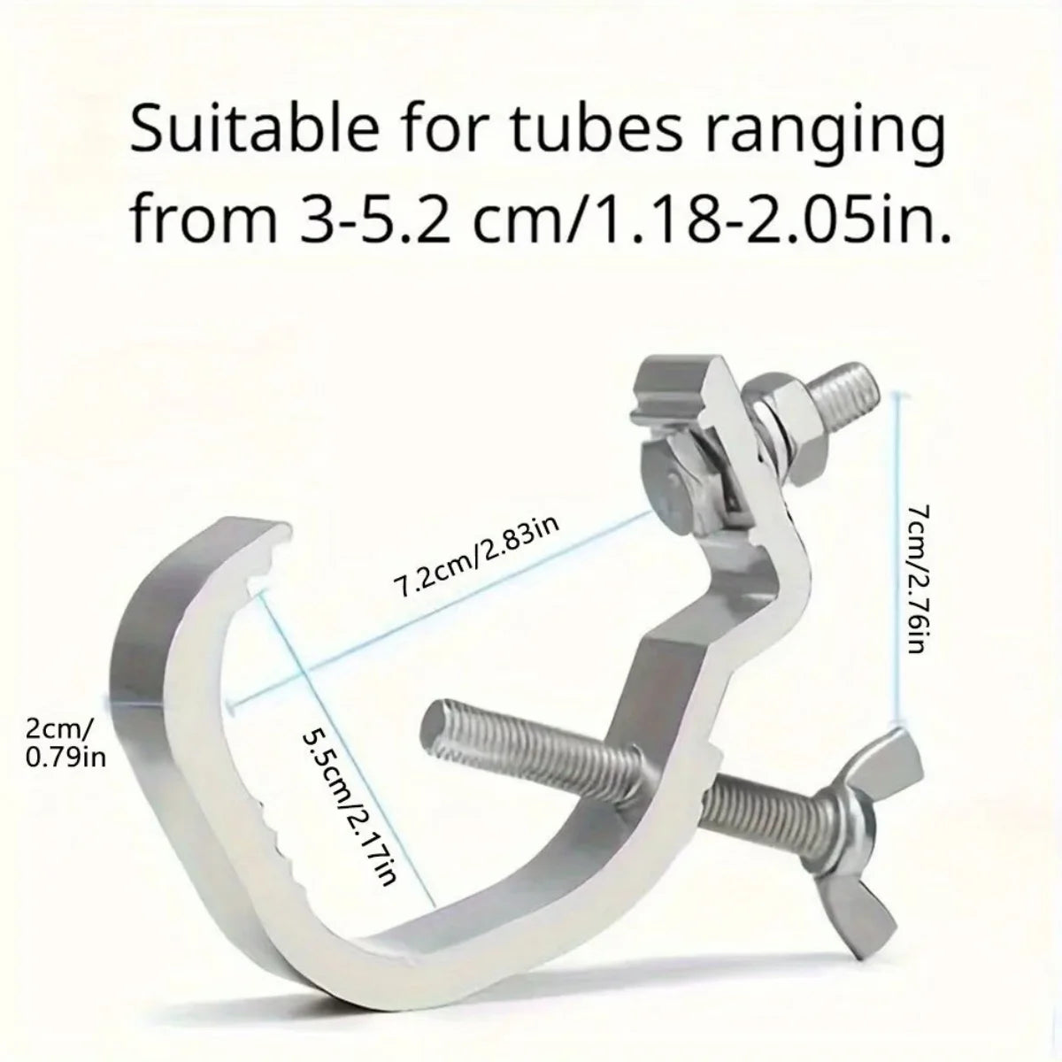 Silver aluminum C-clamp hooks designed for securing tubes ranging from 3-5.2 cm or 1.18-2.05 inches.