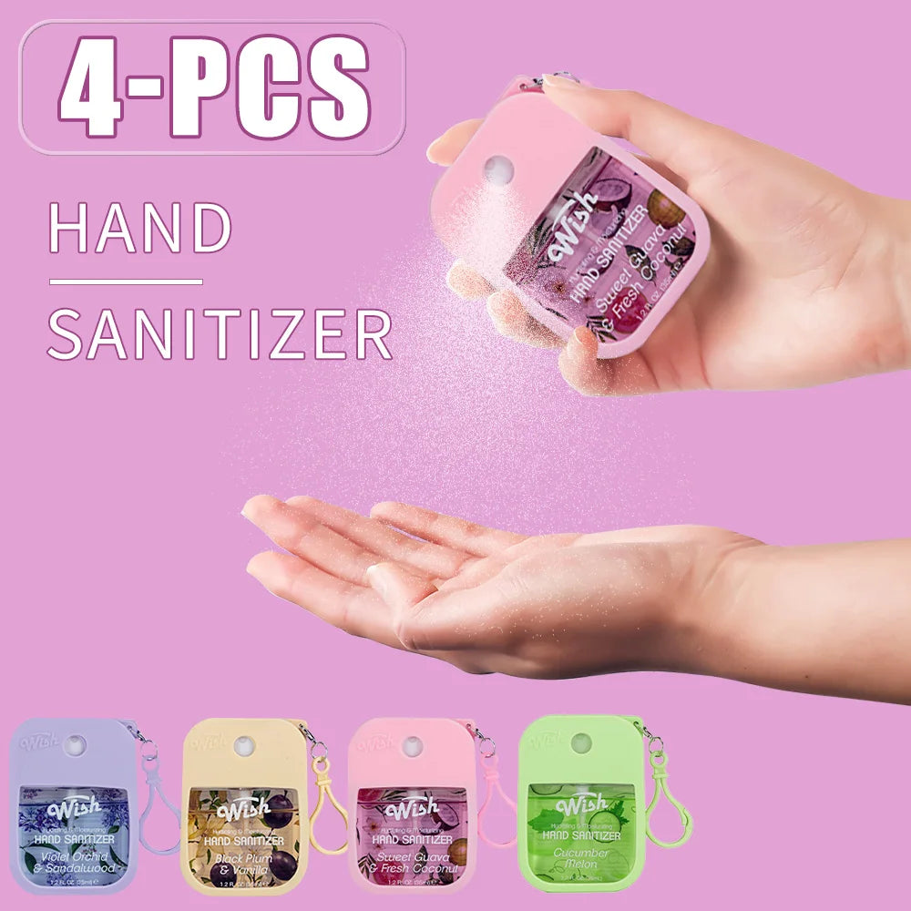A hand holding a pink hand sanitizer spray bottle next to several small bottles of different colored hand sanitizers.