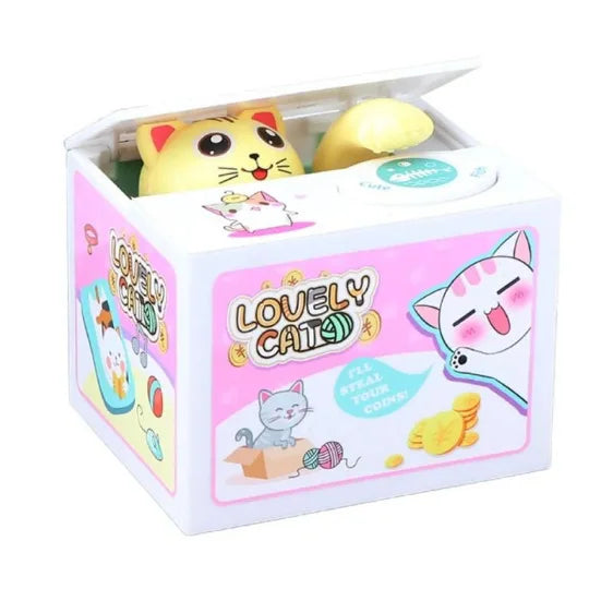 A pink and white interactive coin bank shaped like a cat, featuring a yellow cat and a lemon coin.