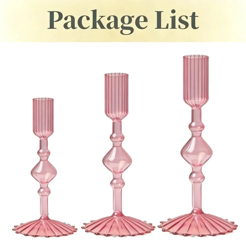 A package list showing three pink wavy glass taper candle holders.