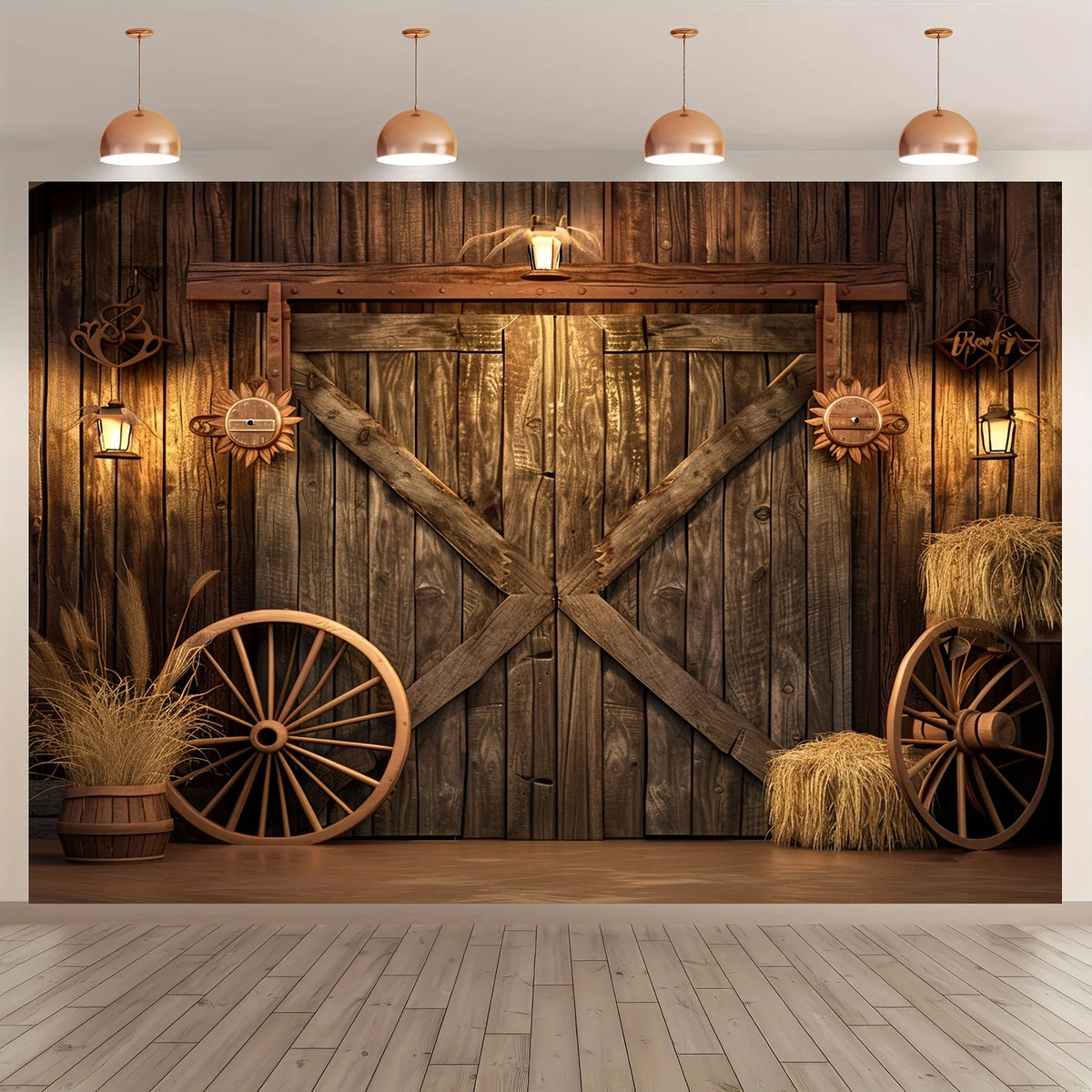A rustic wooden backdrop featuring a weathered barn door design with decorative lighting and vintage wagon wheels.