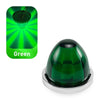 A green LED side marker light is shown, featuring a bright green beam pattern and a silver housing.