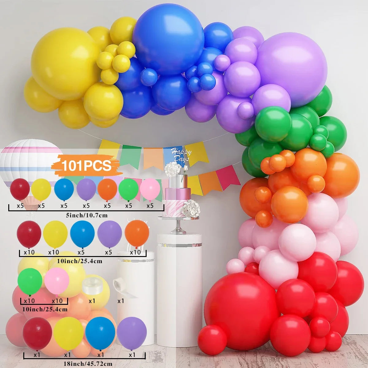 A colorful balloon garland arch kit featuring various colored balloons in yellow, blue, purple, green, and orange.