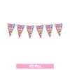 A set of ten pink triangular party decorations for a Cocomelon theme featuring colorful balloons and tableware.