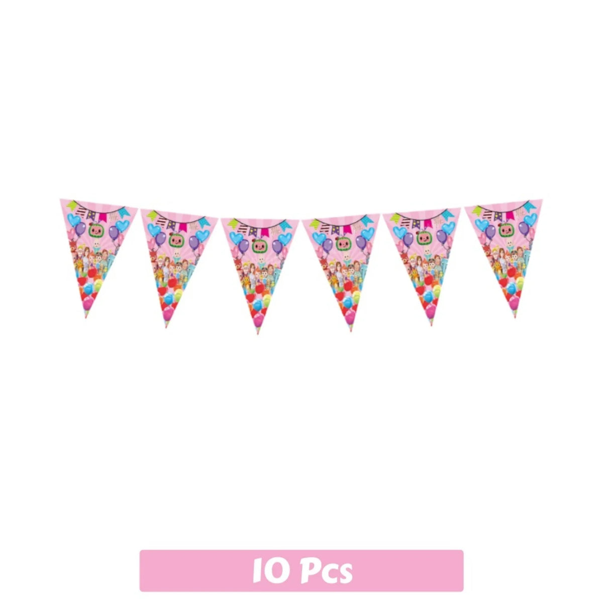 A set of ten pink triangular party decorations for a Cocomelon theme featuring colorful balloons and tableware.