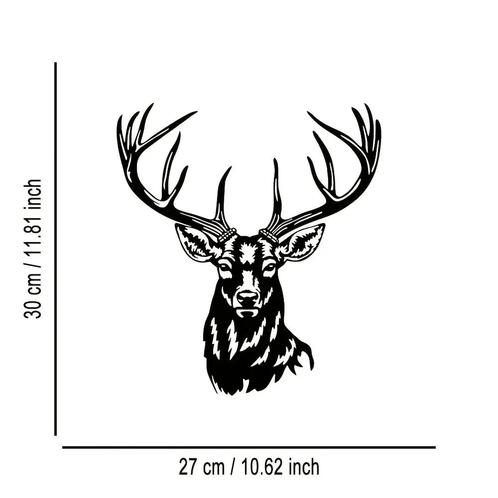 Black metal deer head wall sculpture with antlers and facial features.