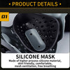 Close-up of a black silicone half-face mask with mesh ventilation and a smooth nose piece.