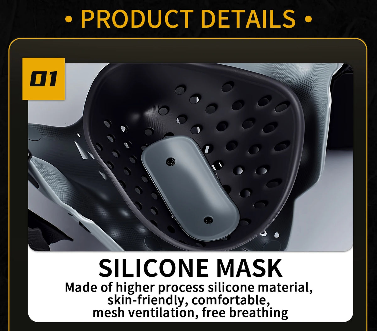 Close-up of a black silicone half-face mask with mesh ventilation and a smooth nose piece.