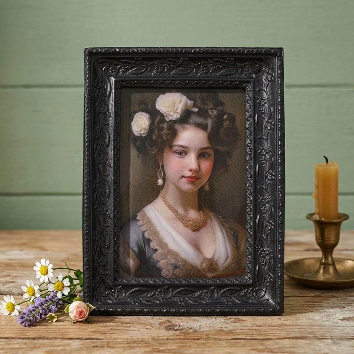 Antique Gilded Resin Photo Frame with Ornate Relief Design