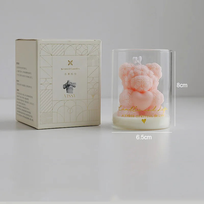 Rose Bear Scented Soy Wax Candle in Glass Cup