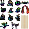 A set of Halloween rainbow scratch art cards featuring various spooky and festive designs like pumpkins bats and cats.