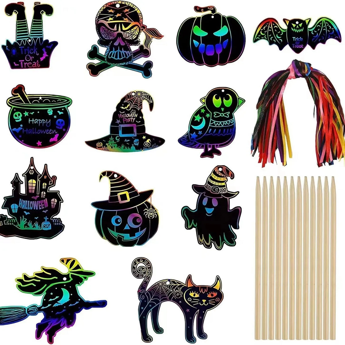 A set of Halloween rainbow scratch art cards featuring various spooky and festive designs like pumpkins bats and cats.